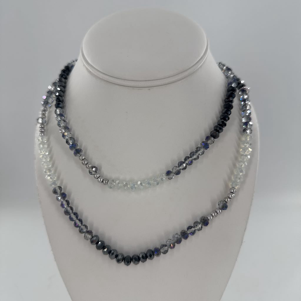 beaded long layering necklace-gry/blu