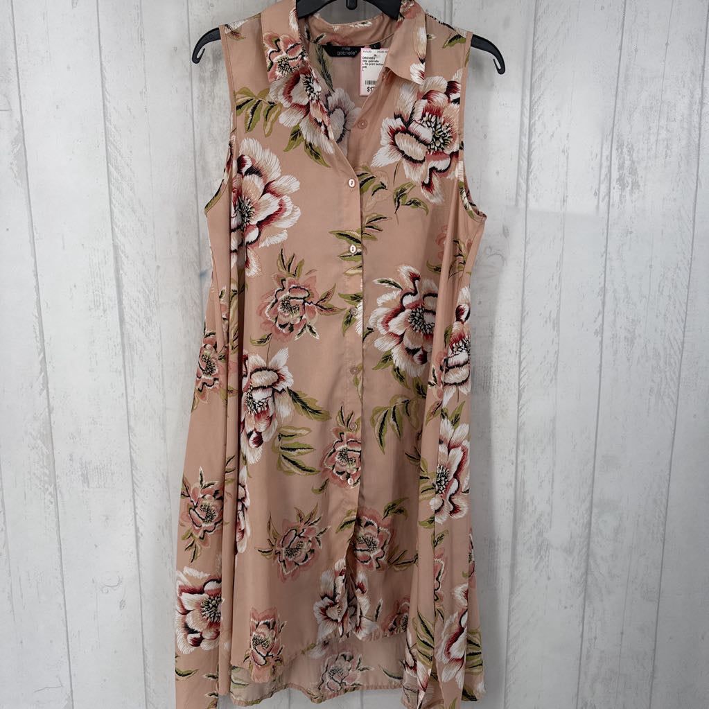 L flo print button down slvls dress