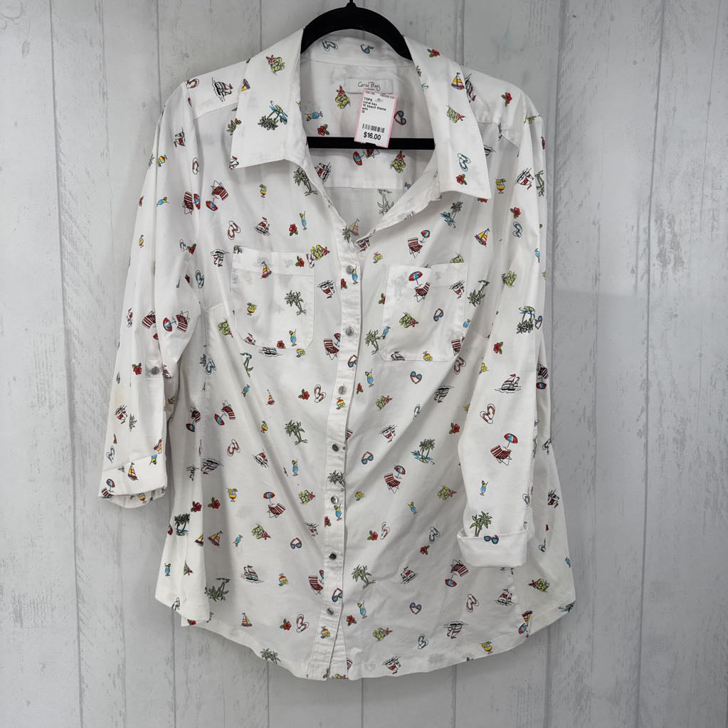 1X beach theme button down 3/4 slv top