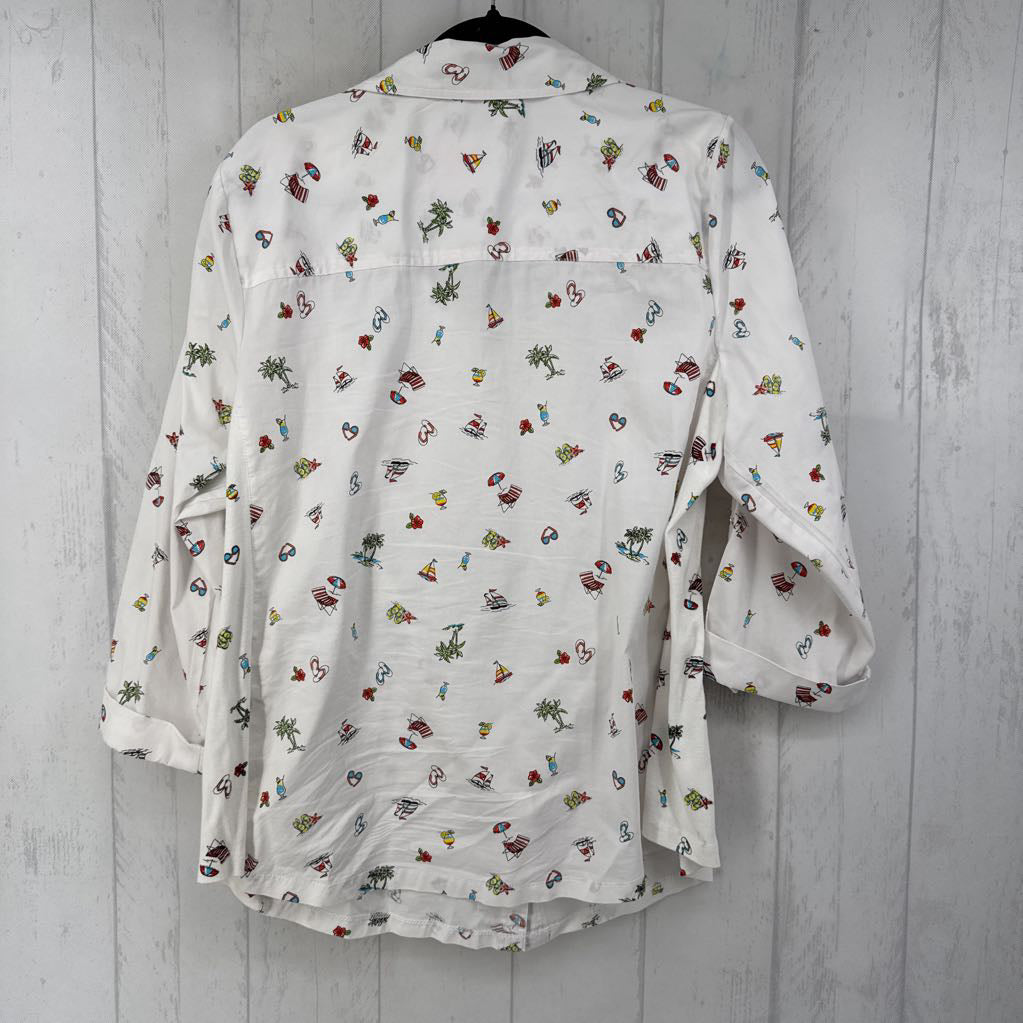 1X beach theme button down 3/4 slv top