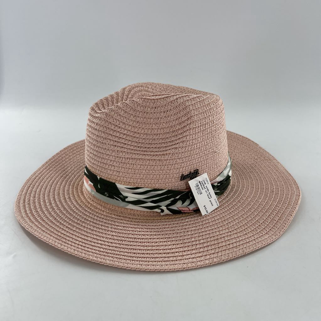 pink wide brim sunhat w/ leaf print ribbon
