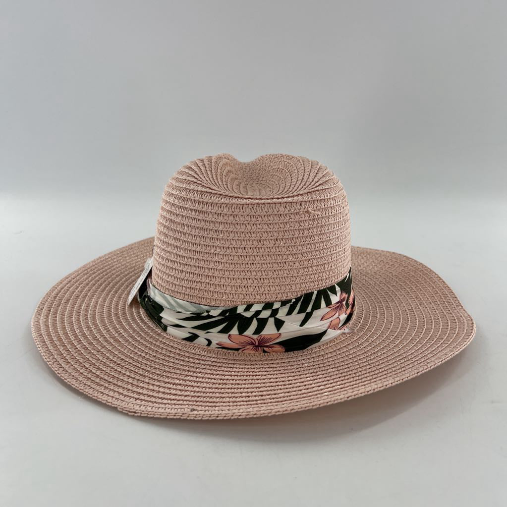 pink wide brim sunhat w/ leaf print ribbon