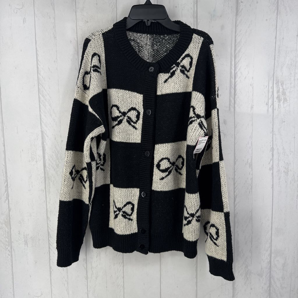 S checkered bow button down cardi