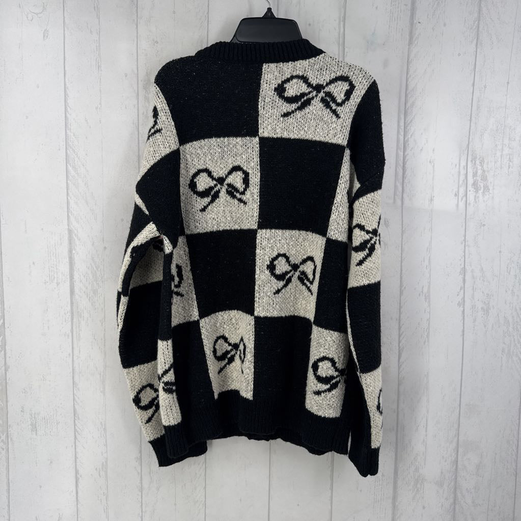 S checkered bow button down cardi