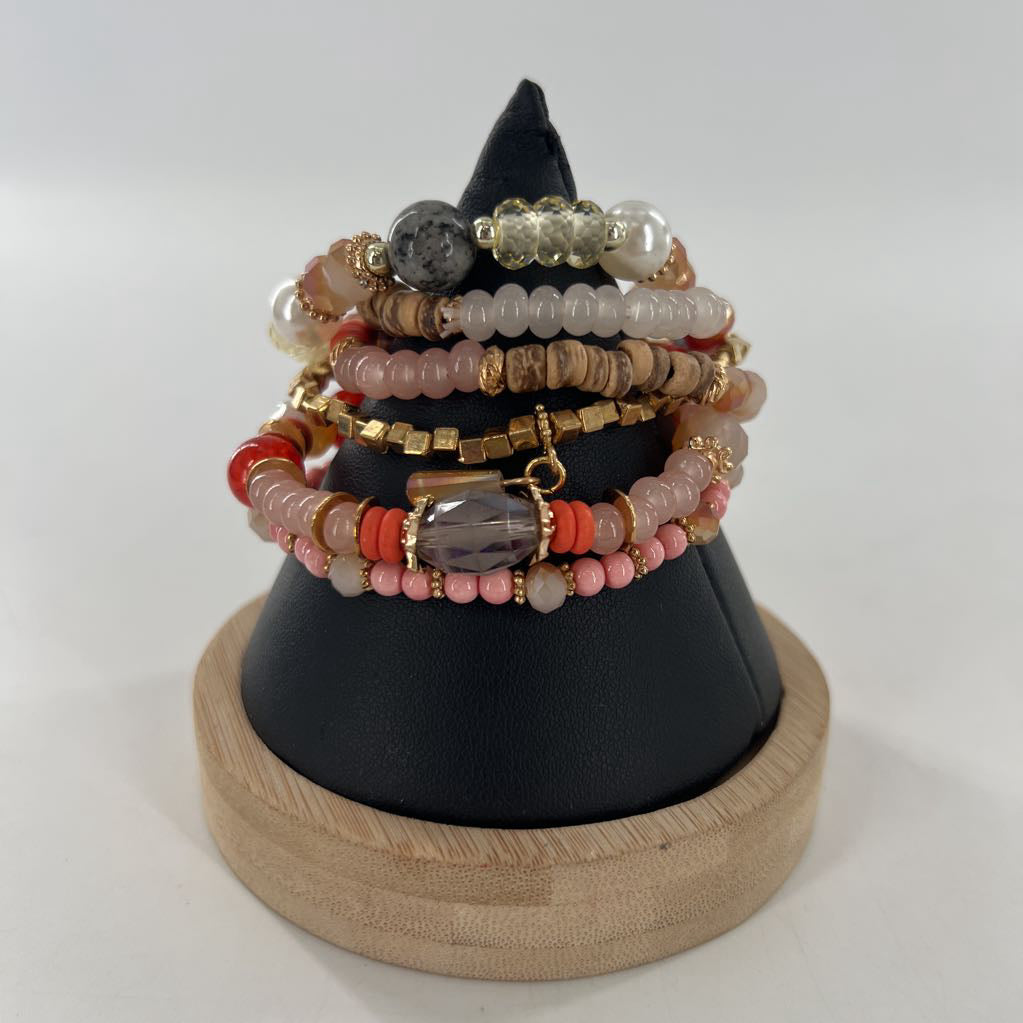 coral stretch beaded bracelet stack