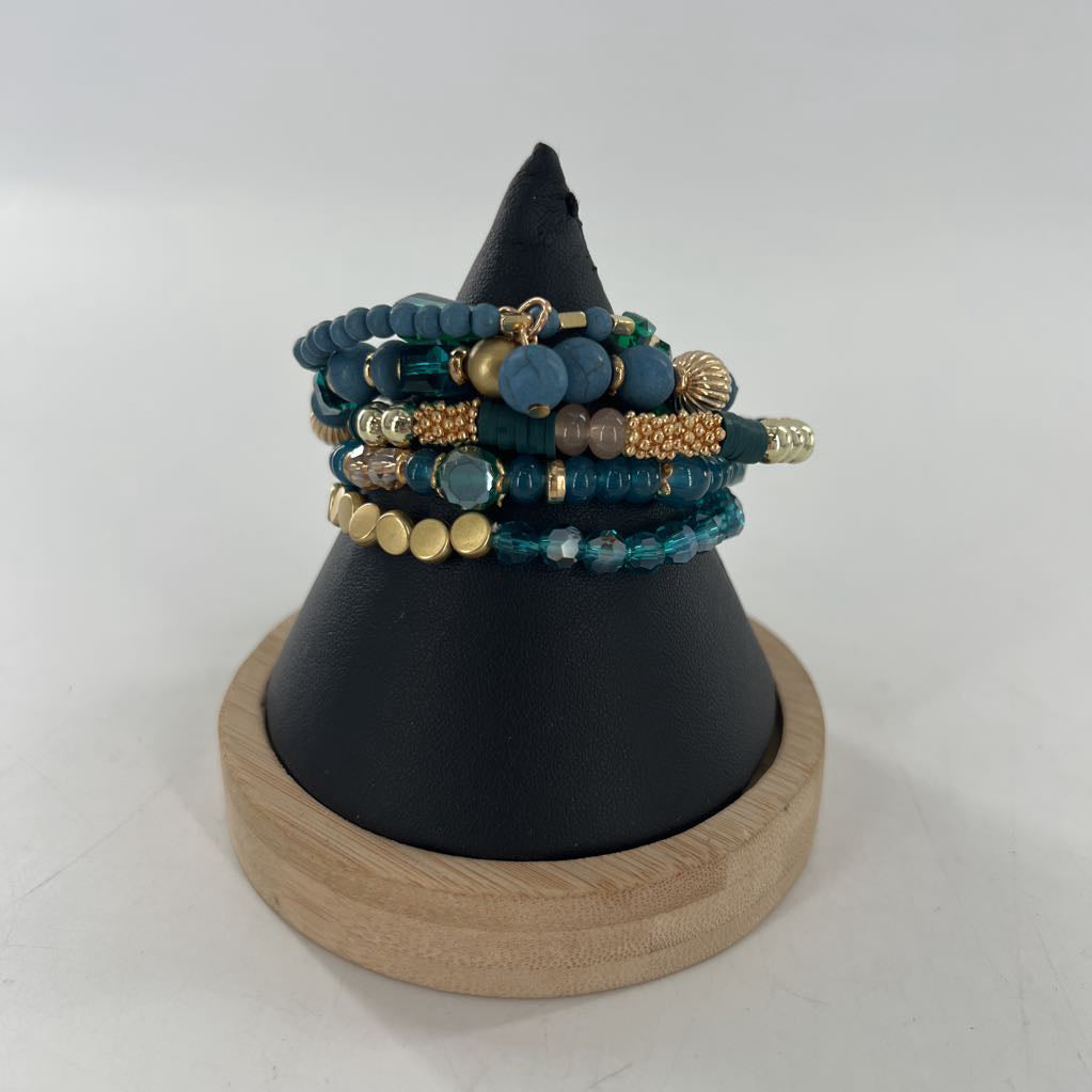 teal stretch beaded bracelet stack
