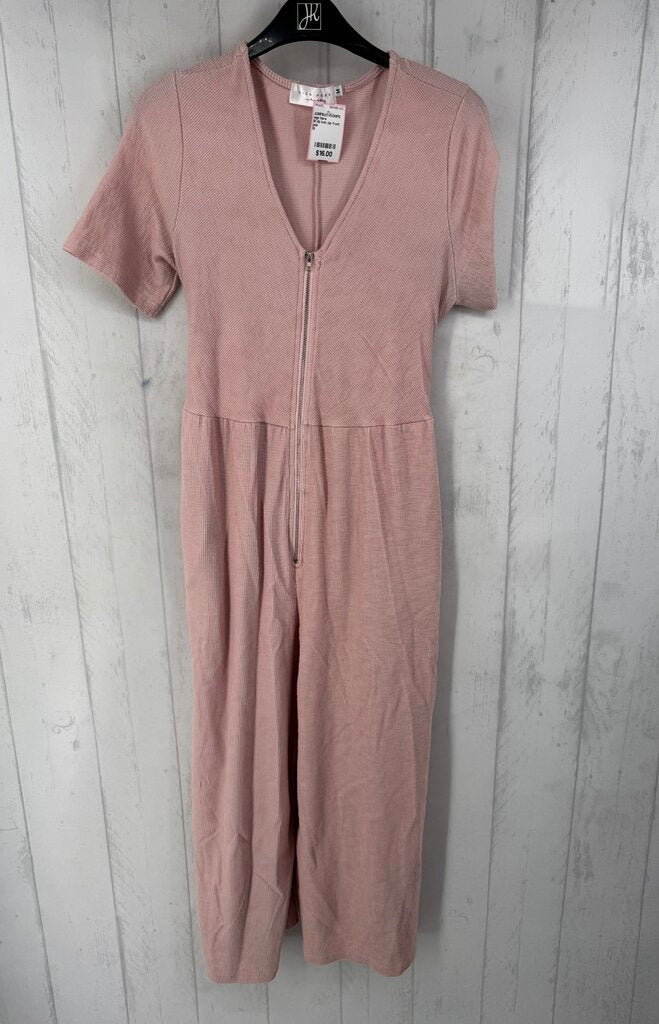 M rib knit zip front s/s jumpsuit