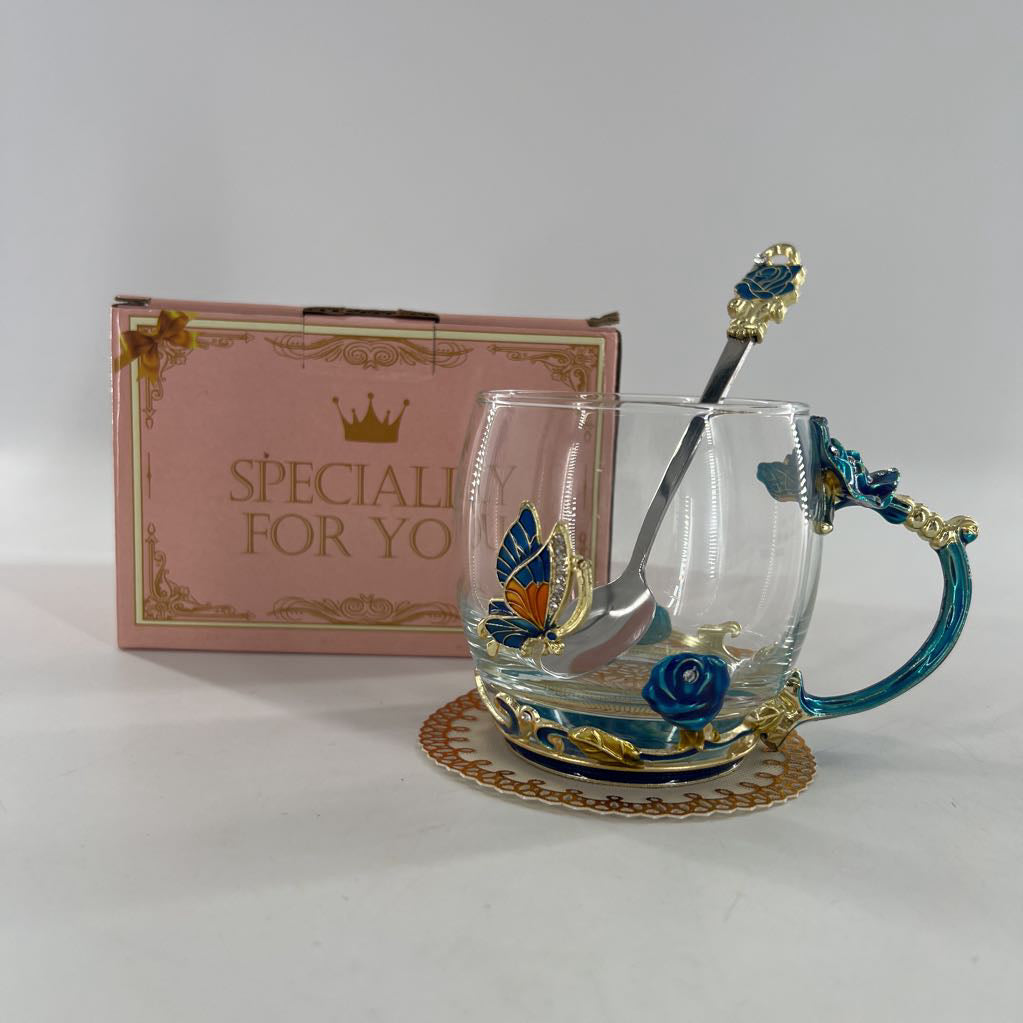 glass flowers & butterflies tea cup w/ spoon
