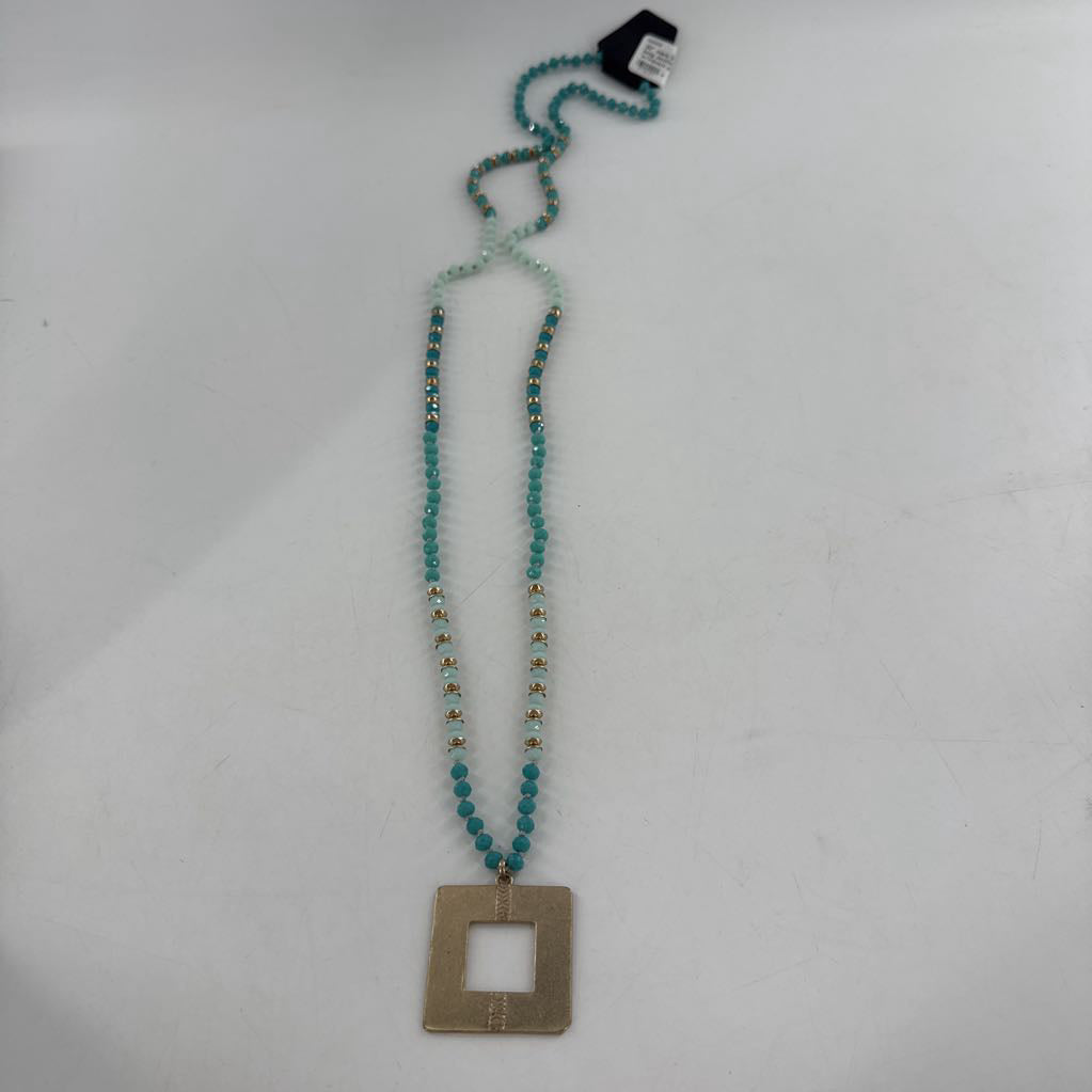 20" aqua beaded long necklace w/square pendant