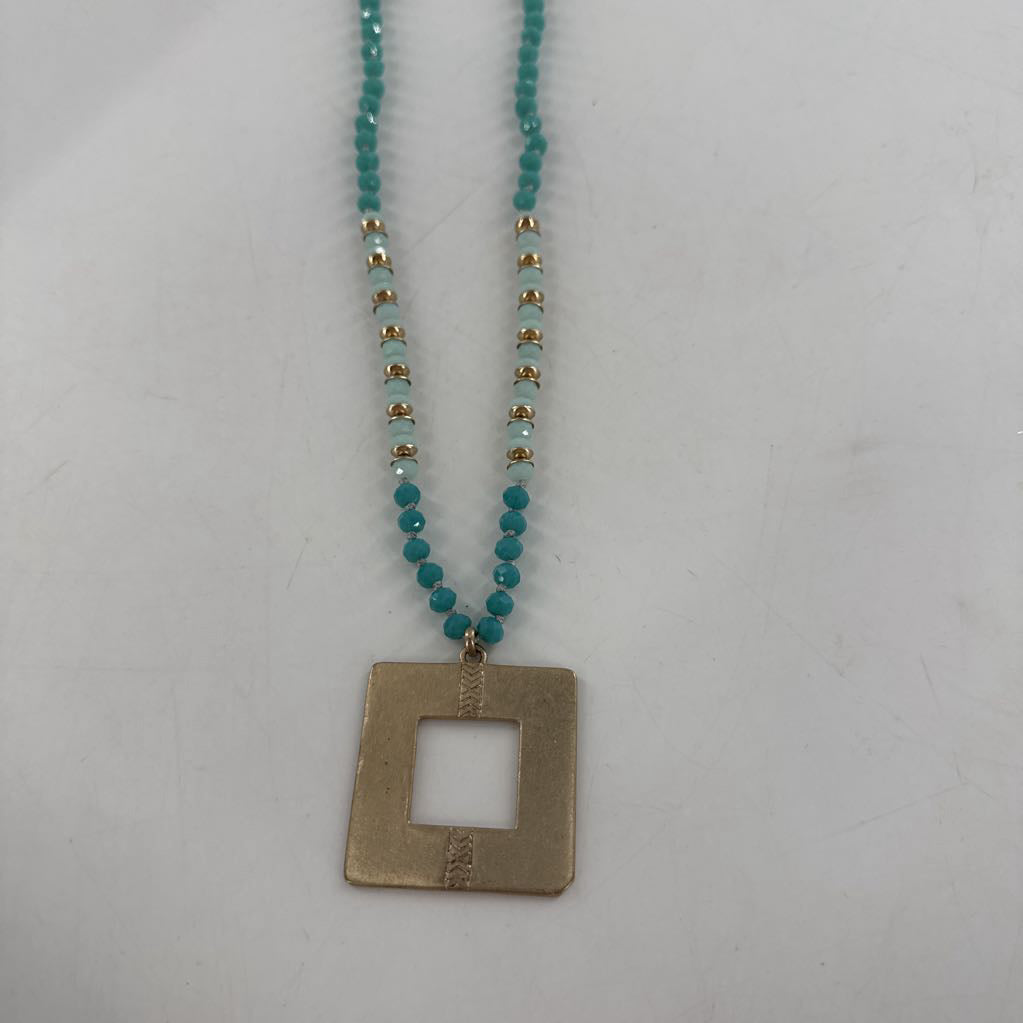 20" aqua beaded long necklace w/square pendant