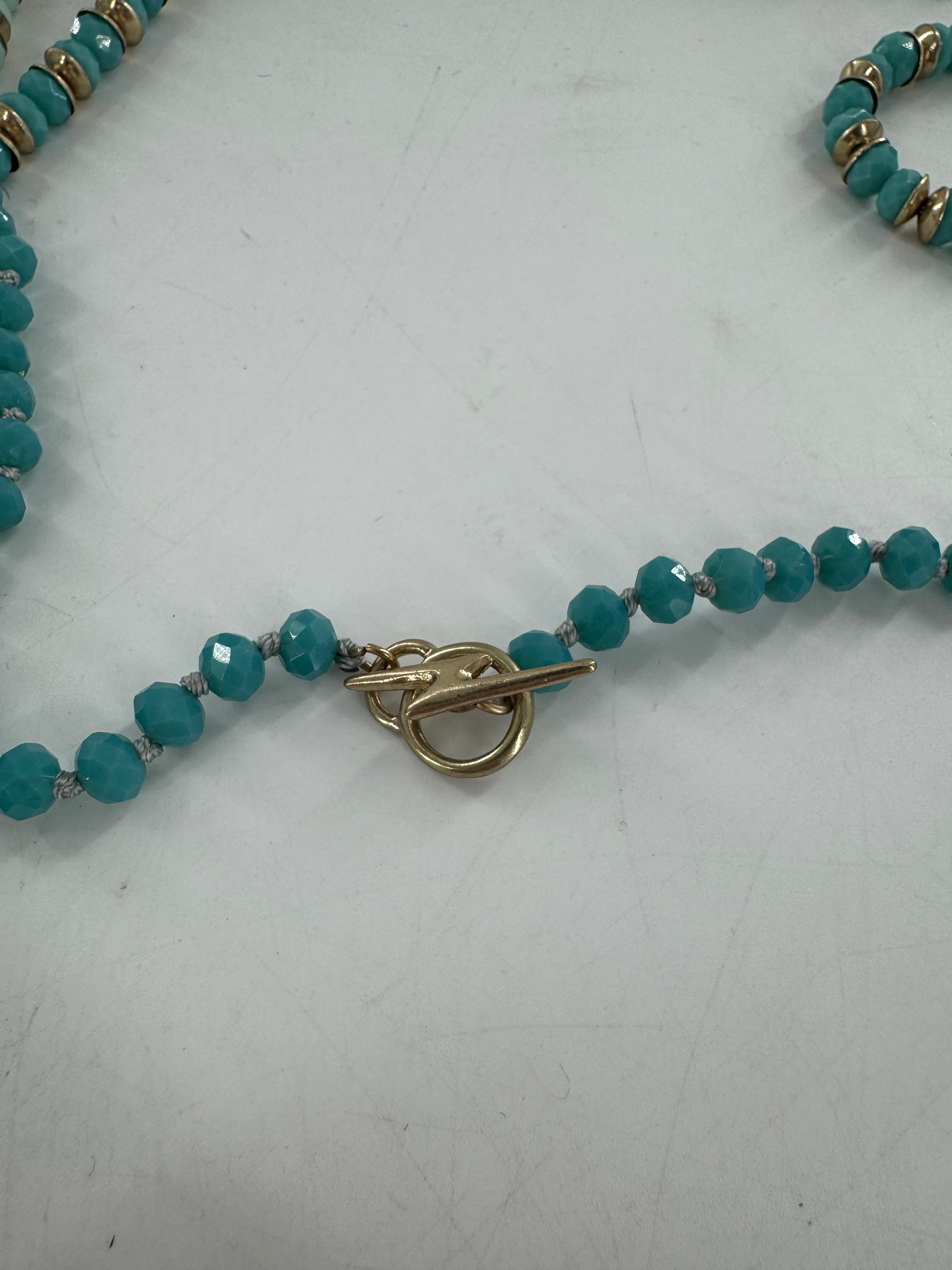20" aqua beaded long necklace w/square pendant