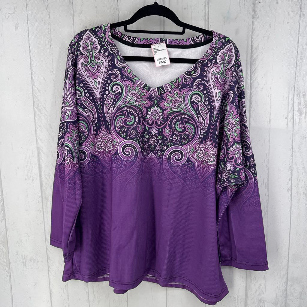 3XL paisley print v-neck 3/4 slv top