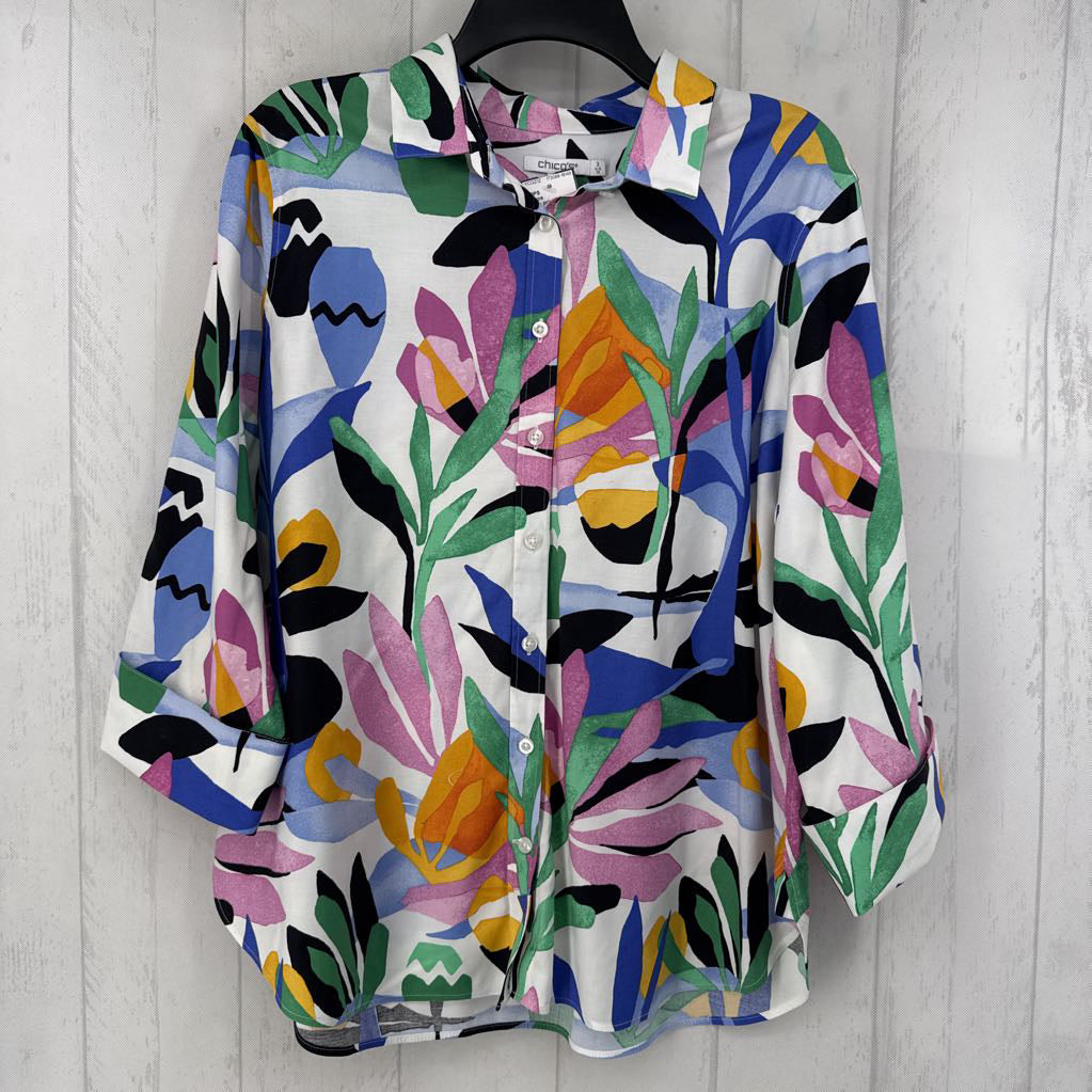 12 flo print button down 3/4 slv top