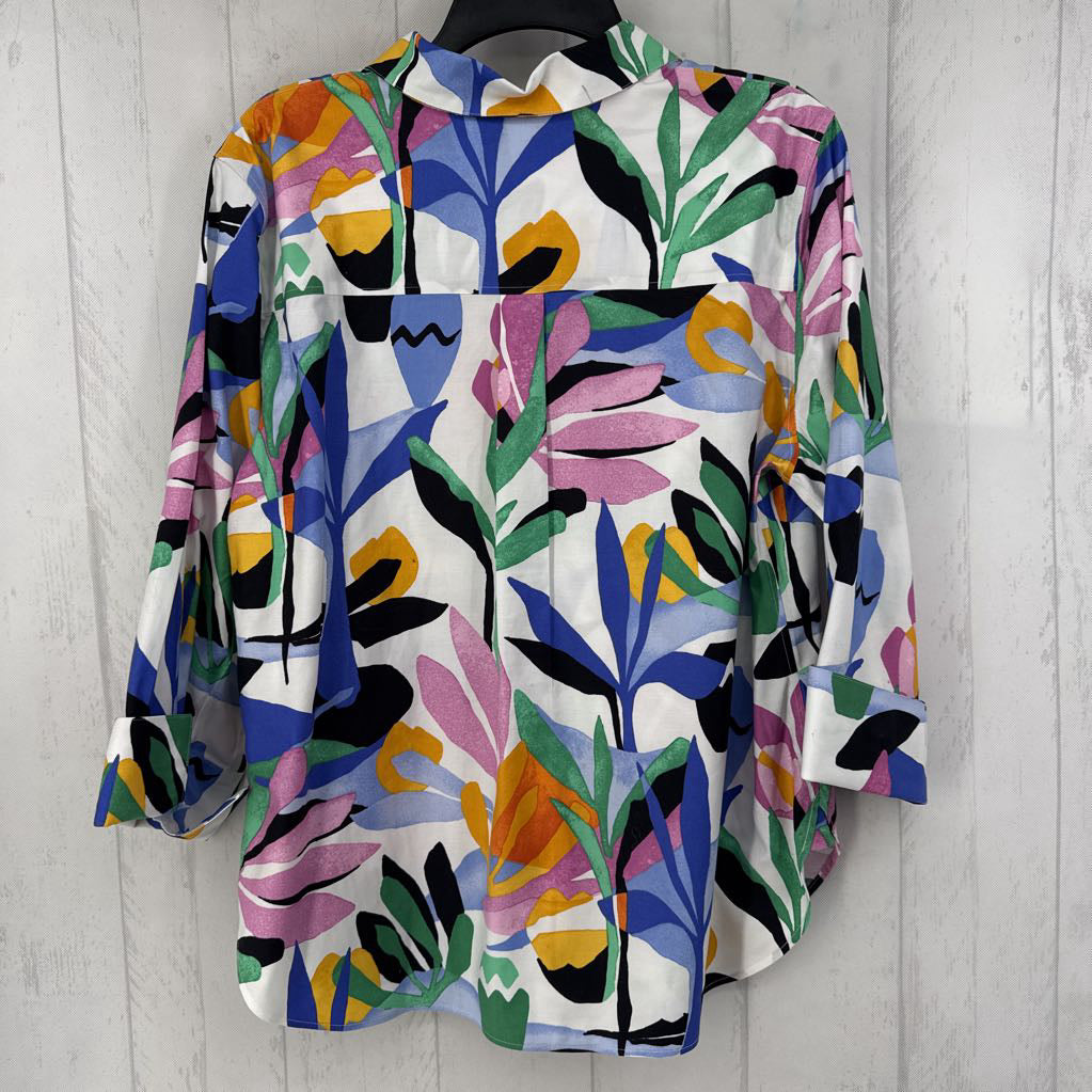 12 flo print button down 3/4 slv top