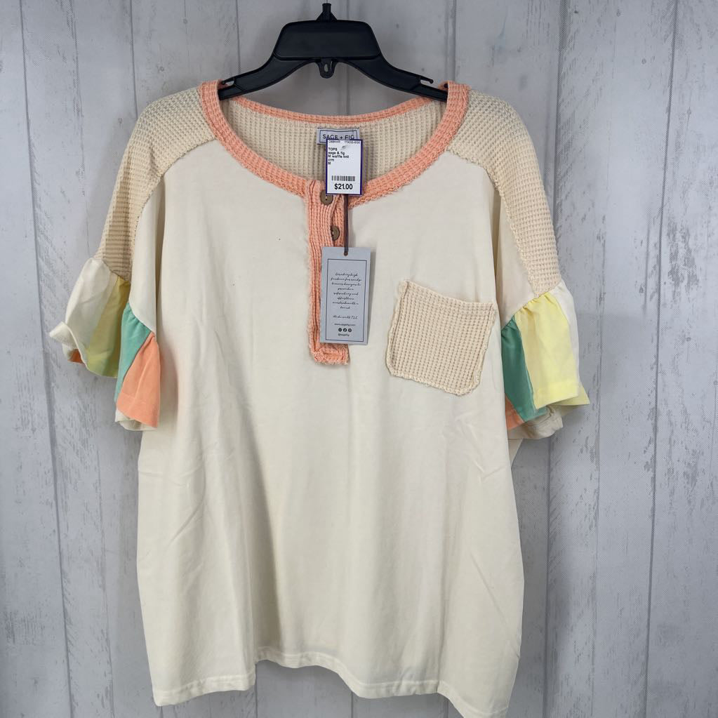 M waffle knit accent ruffle slv top