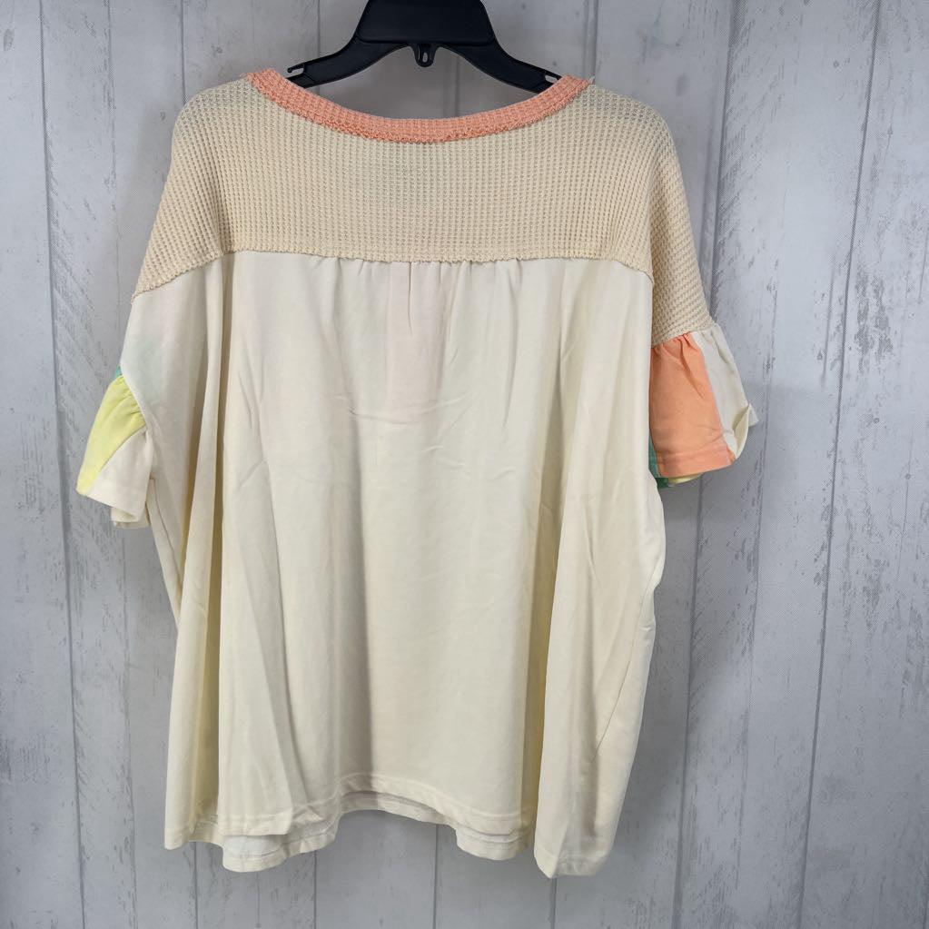 M waffle knit accent ruffle slv top