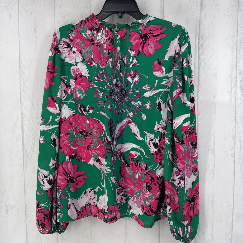 L flo print ruffled neck l/s top
