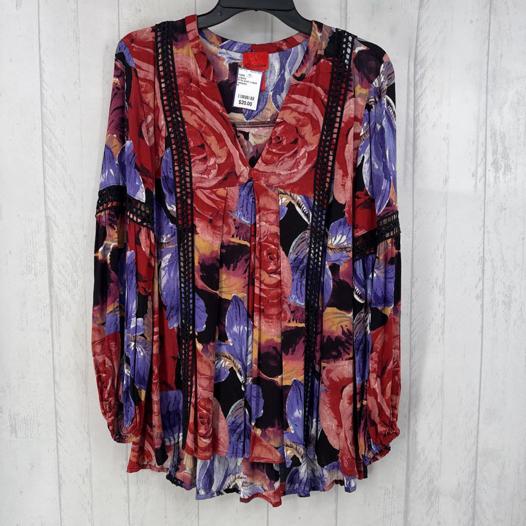 M flo print v-neck l/s top