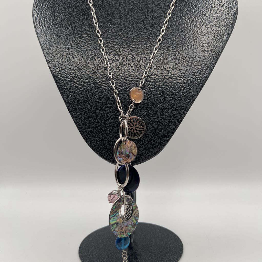 silver tone abalone shel disc charm necklace