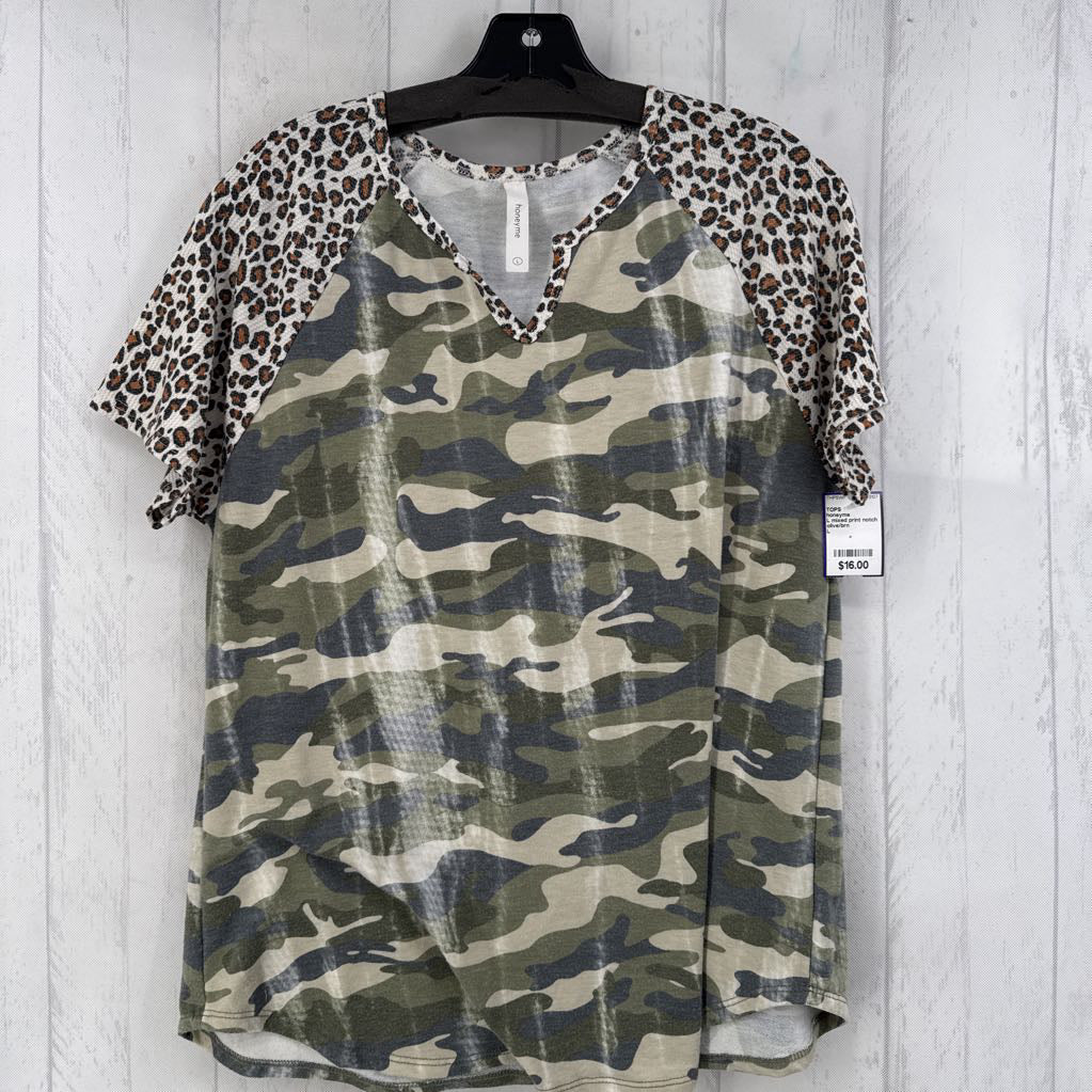 L mixed print notch neck s/s top