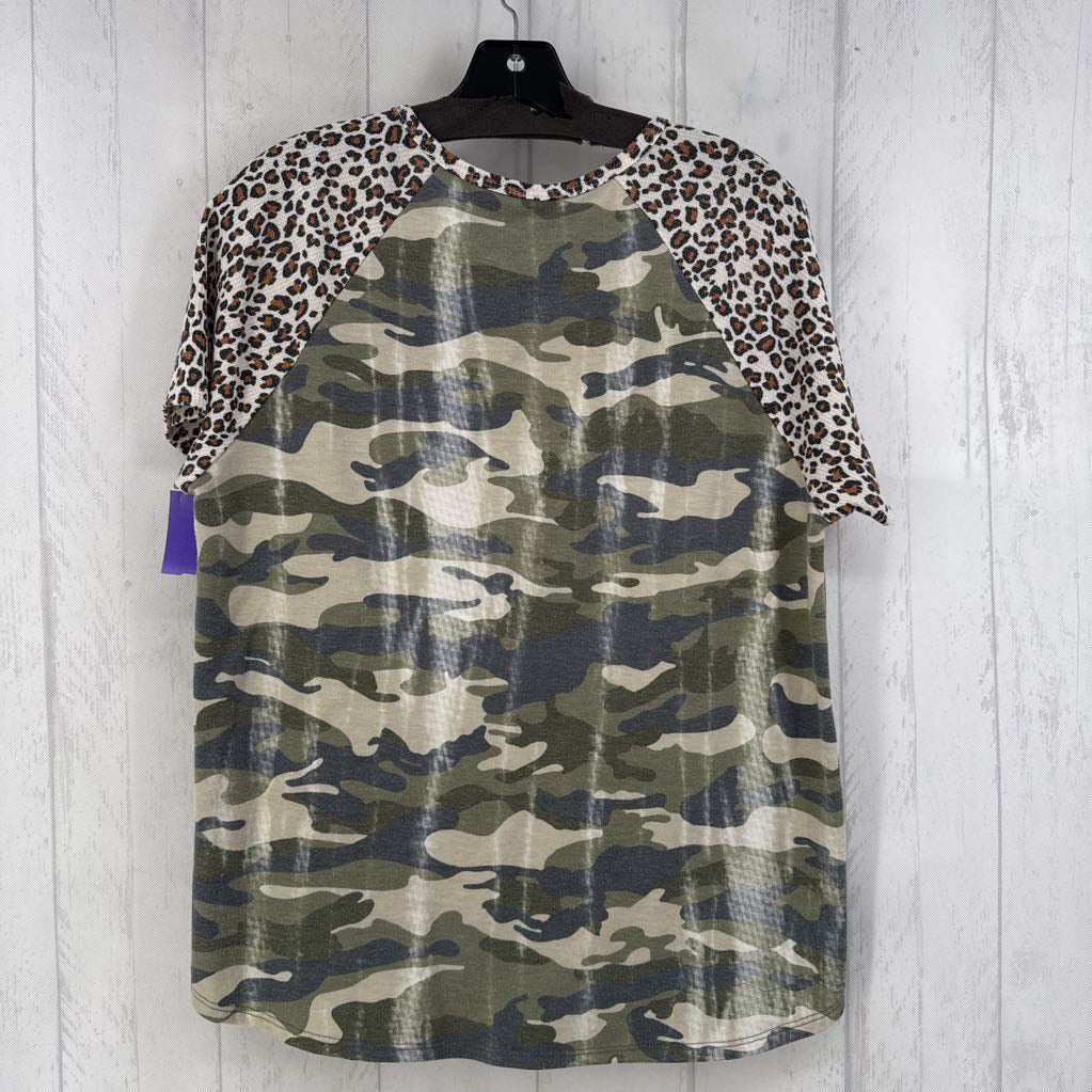L mixed print notch neck s/s top