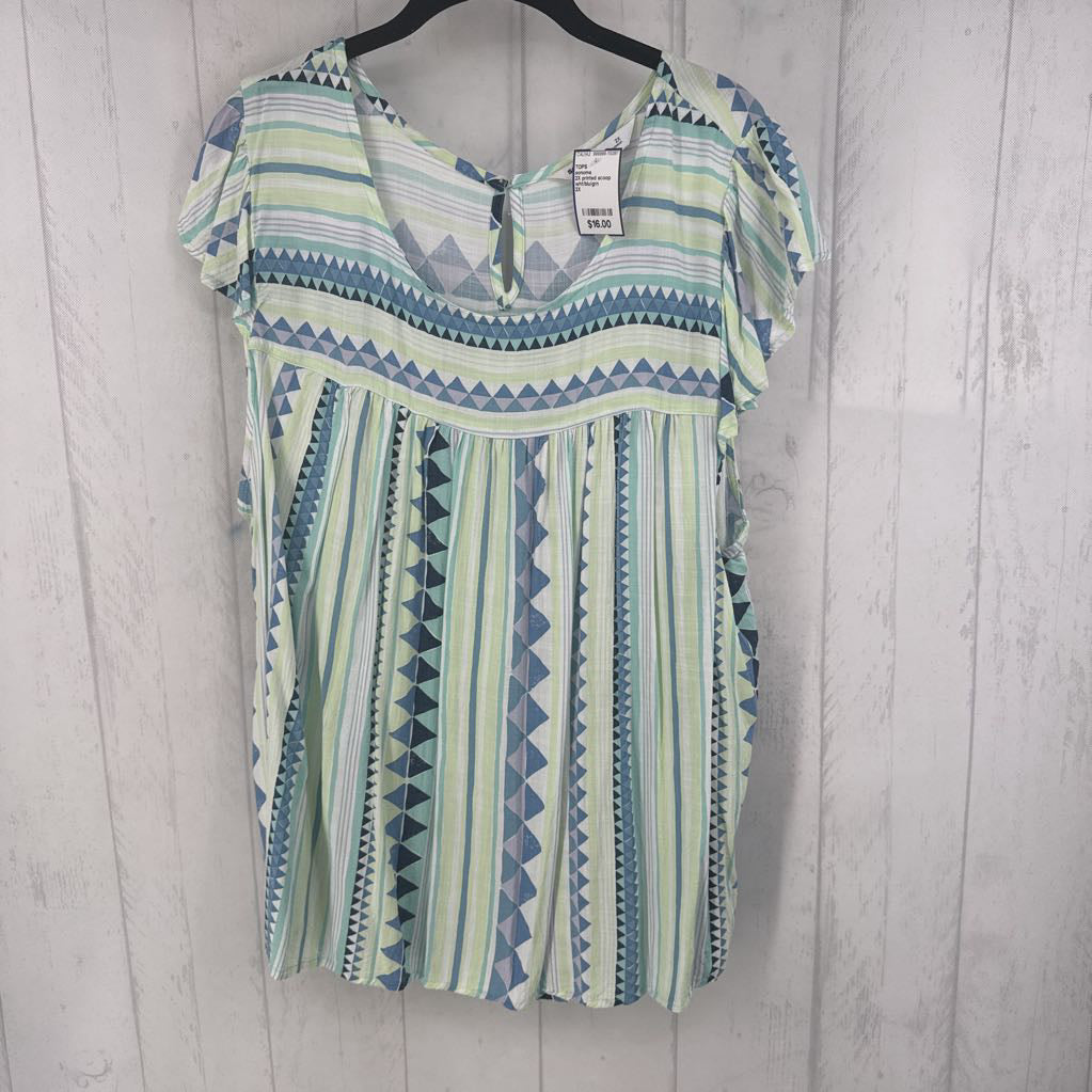 2X printed scoop neck flutter slv babydoll top