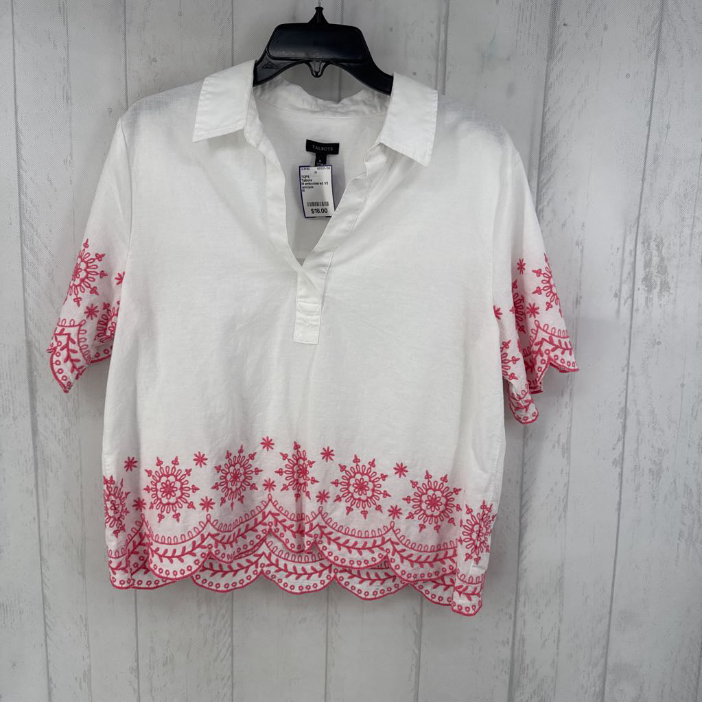 M embroidered 1/2 button down s/s top