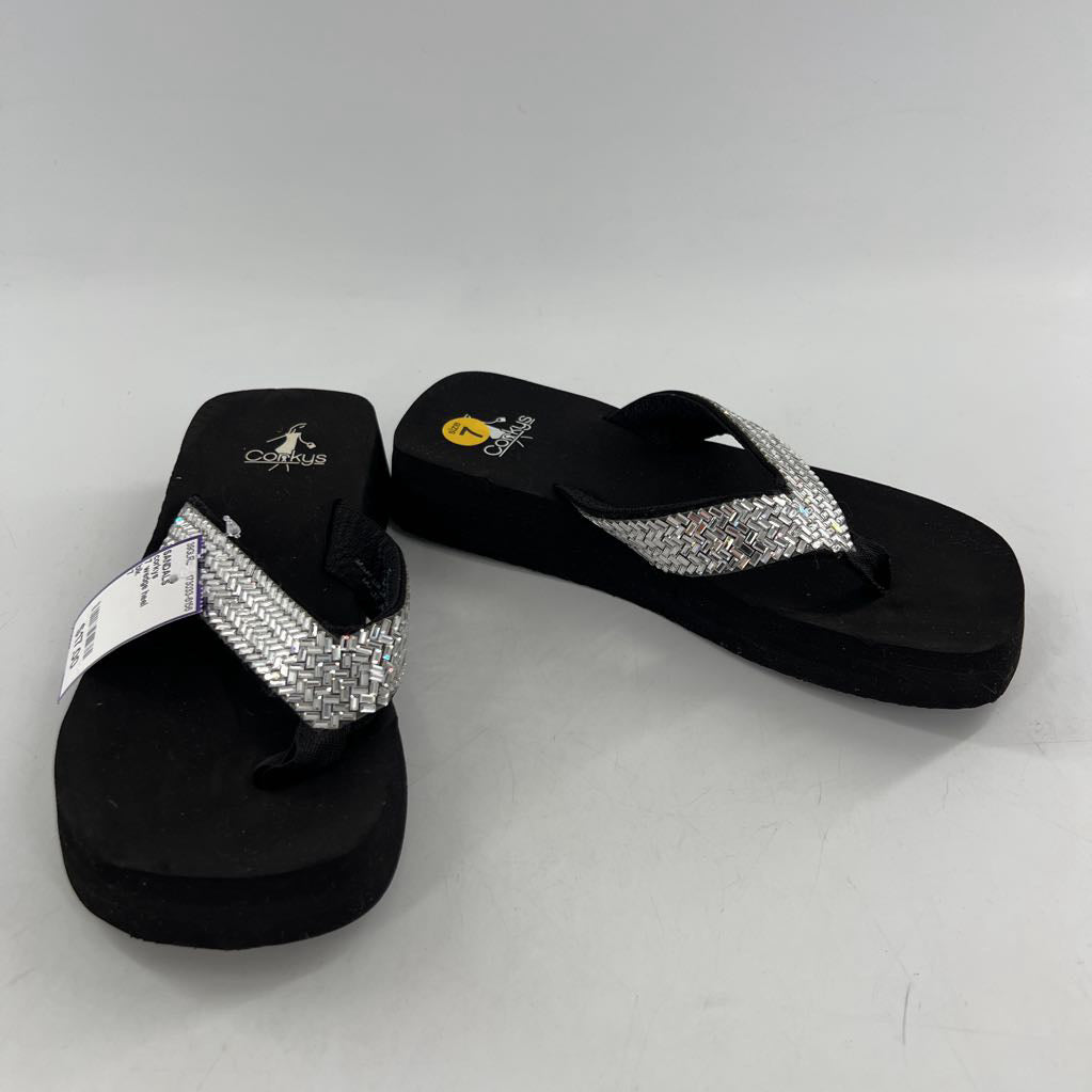 7 wedge heel embelished flip-flops