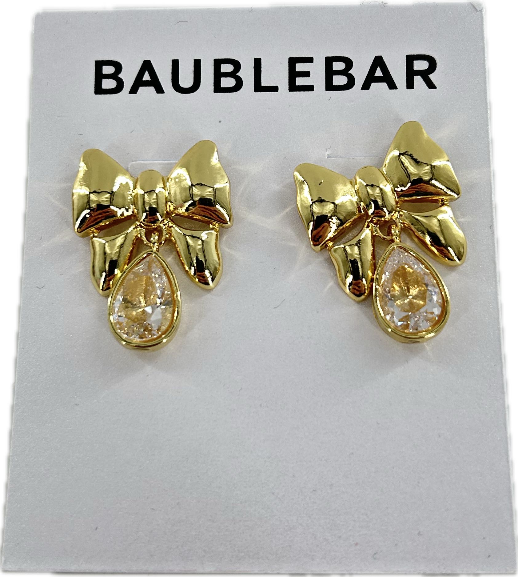 gold tone bow rhinestone drop earrings