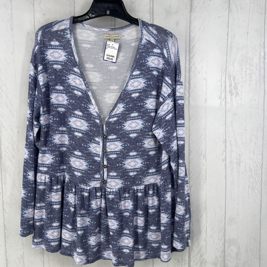L aztec print button down l/s peplum top