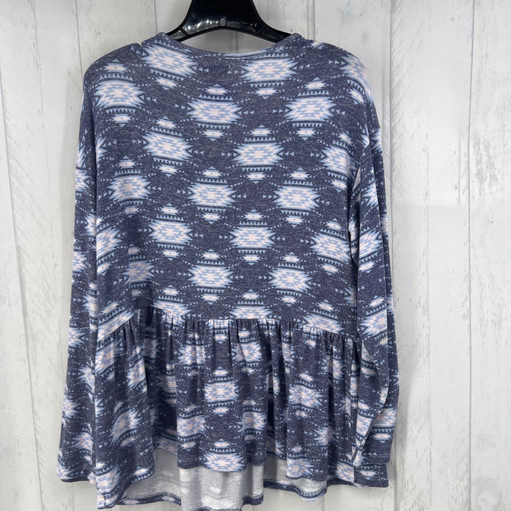 L aztec print button down l/s peplum top