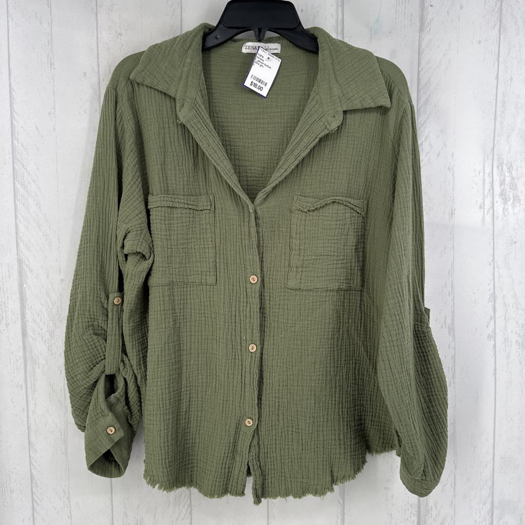 L gauze button down l/s top