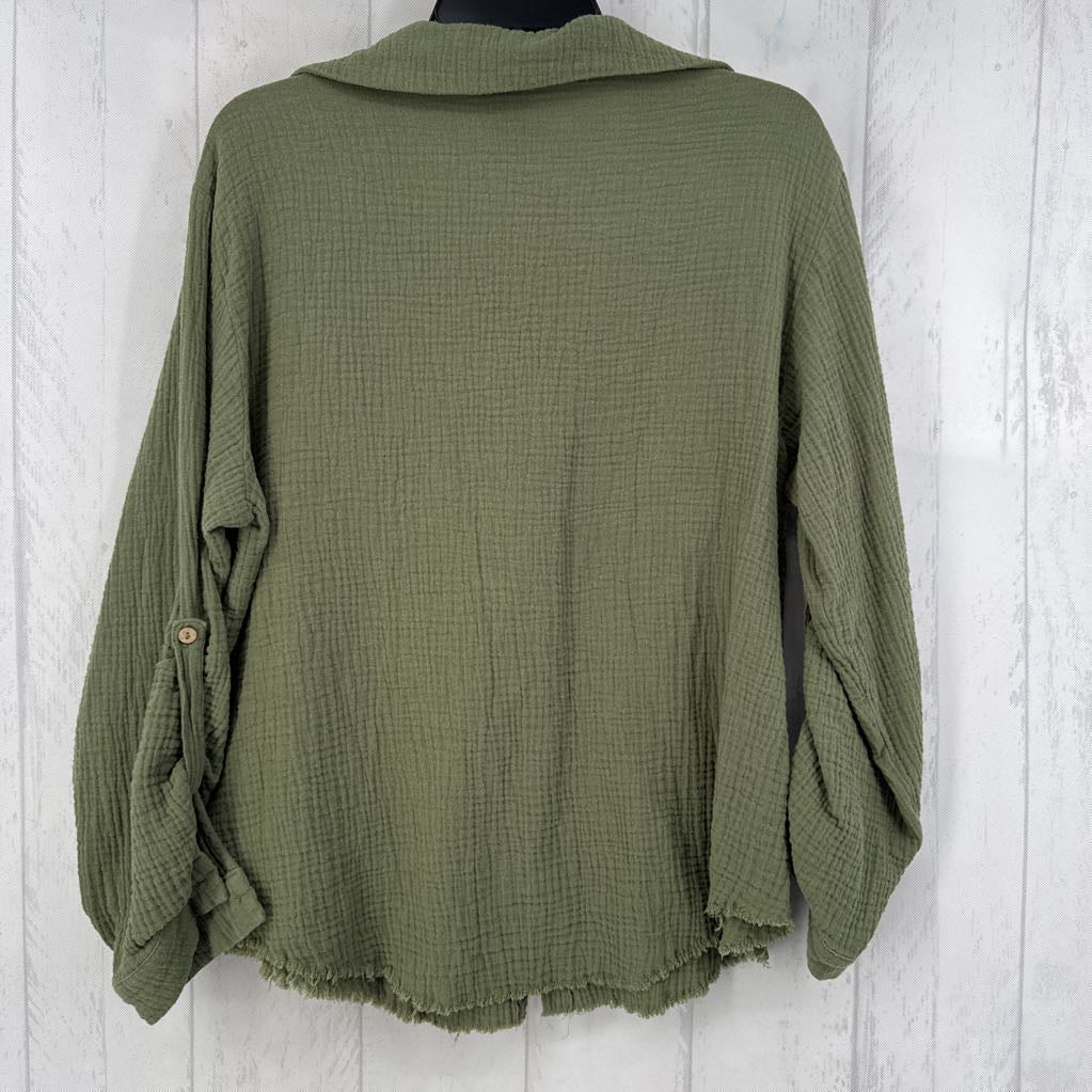 L gauze button down l/s top