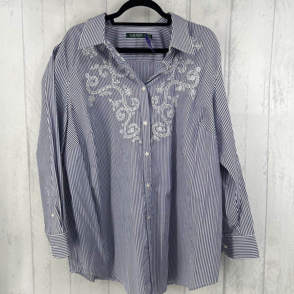 3X striped eyelet button down l/s top