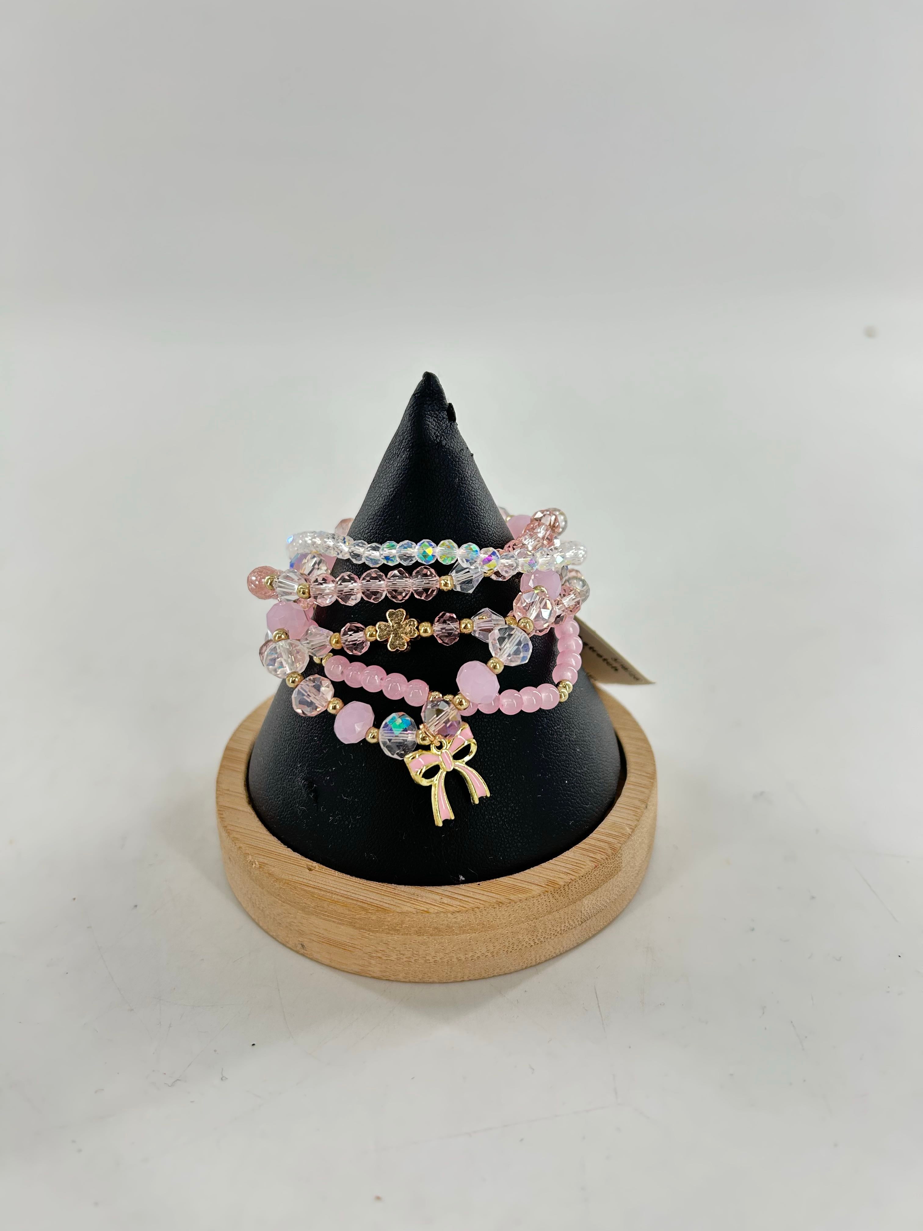 pink beaded stretch bracelet stack