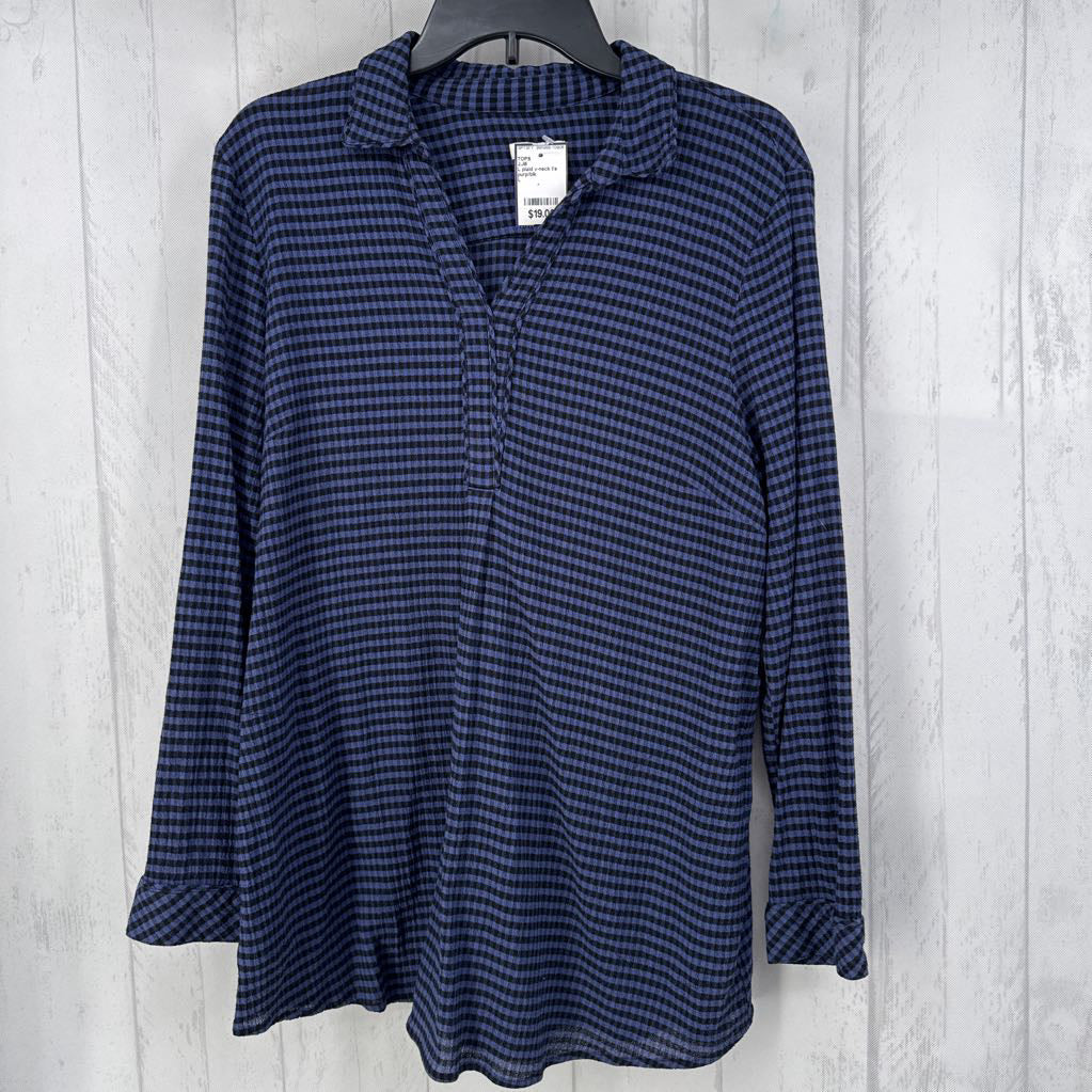 L plaid v-neck l/s top