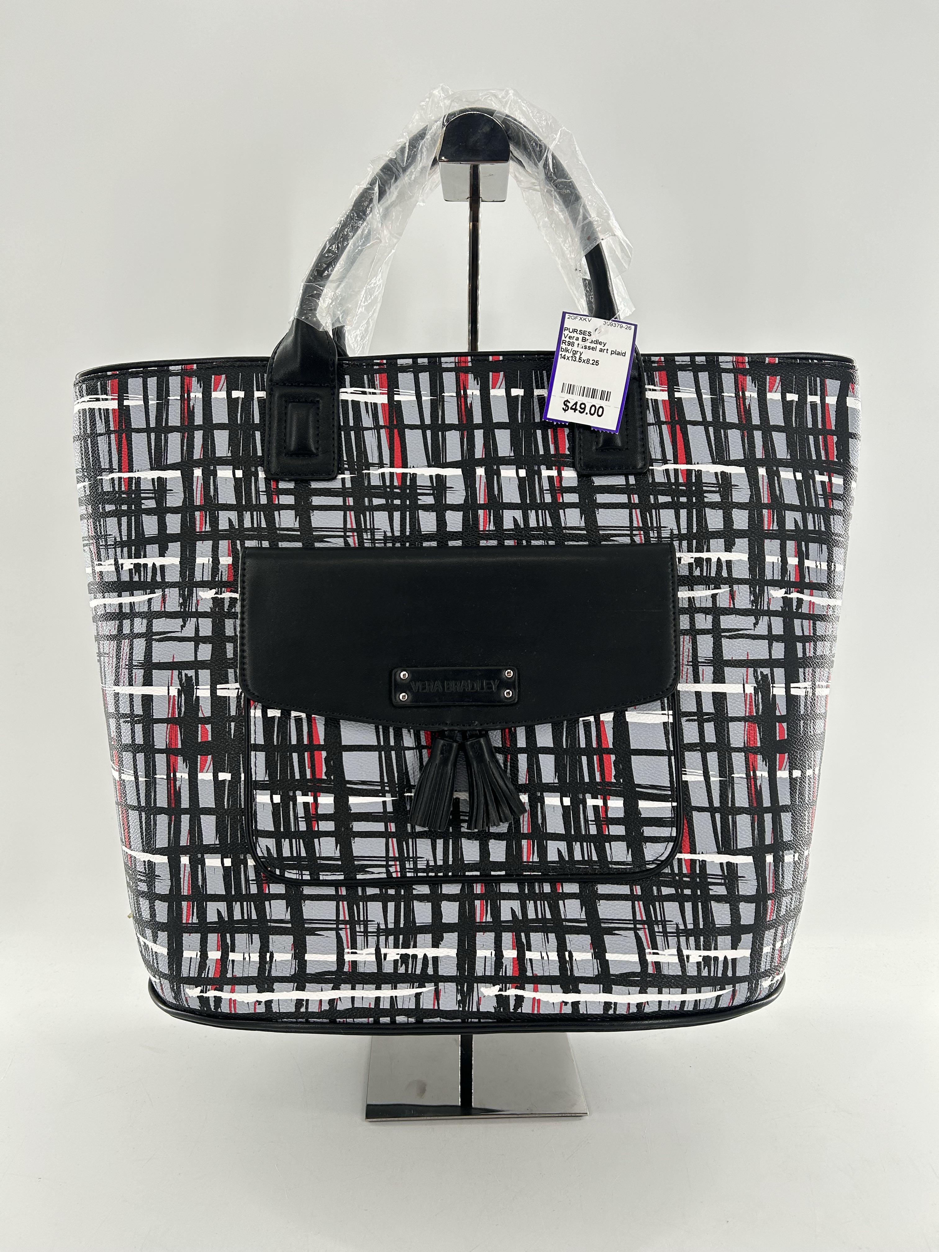 R98 tassel art plaid tote