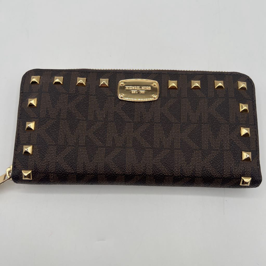 monogram studded zip around walllet