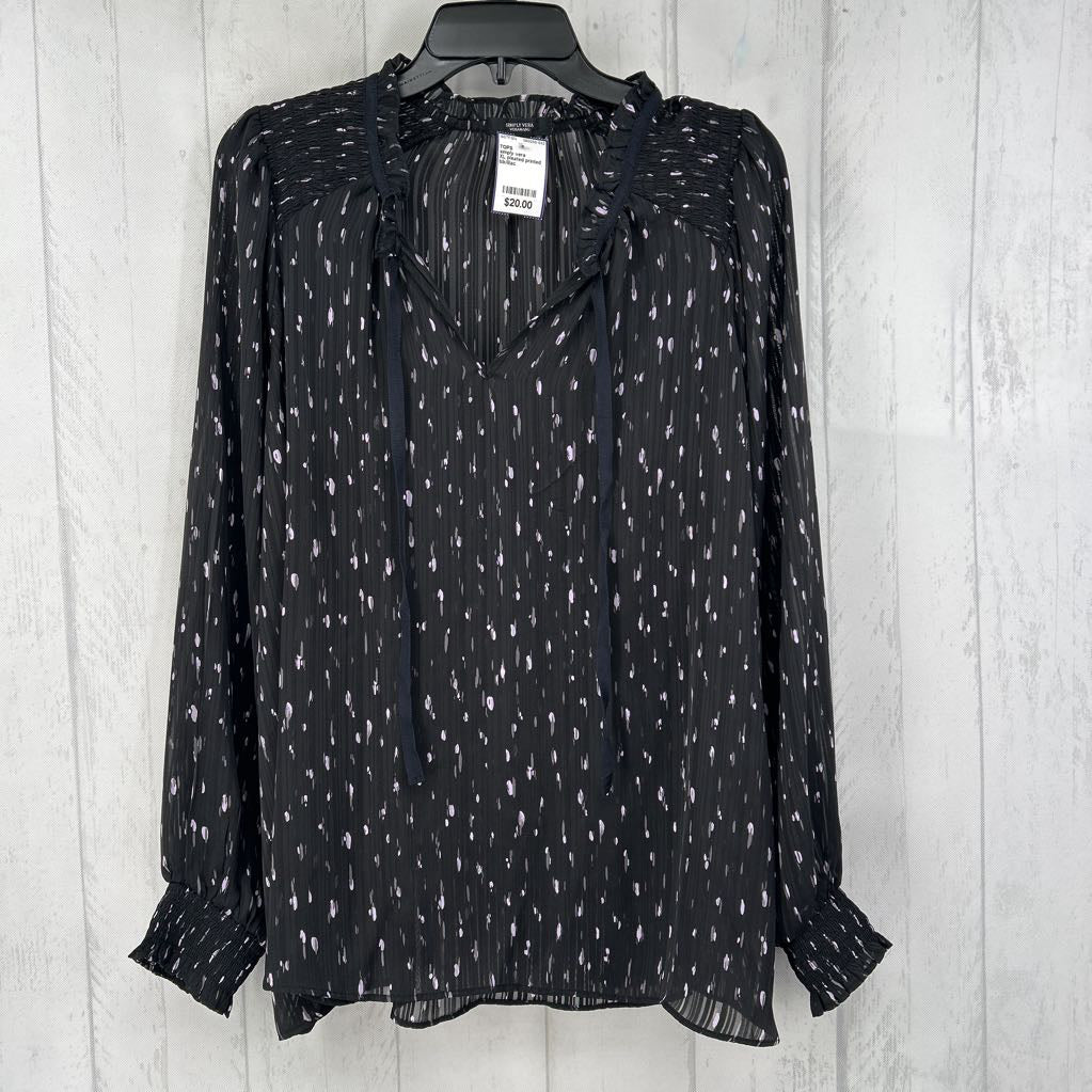 XL pleated printed notch neck l/s top
