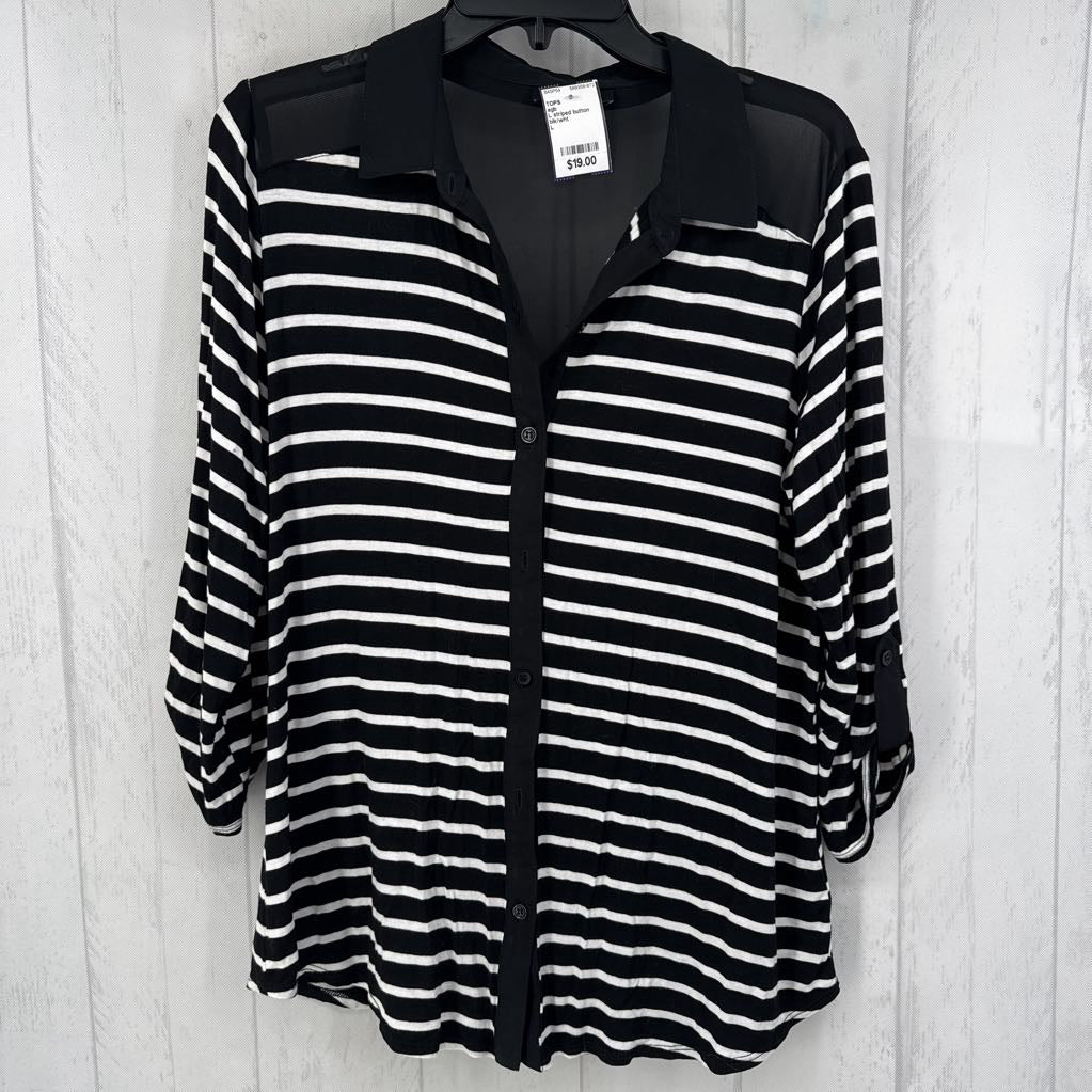 L striped button down shher back tab slv top