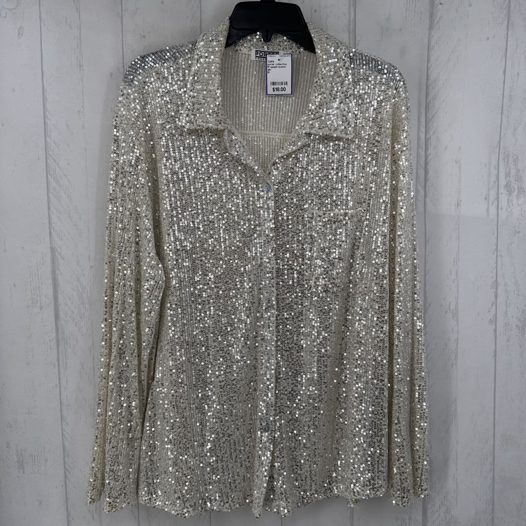 M sequin button down l/s top