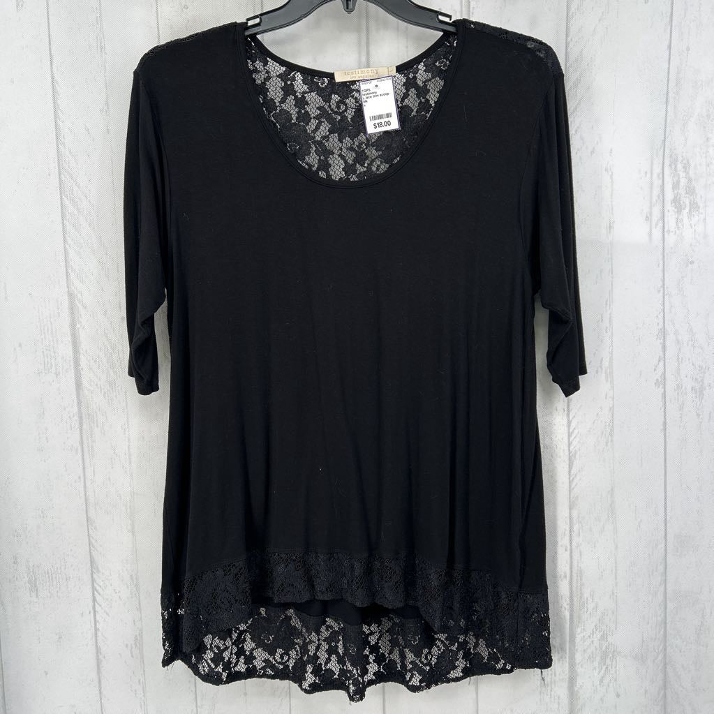 L lace trim scoop neck elbow slv top