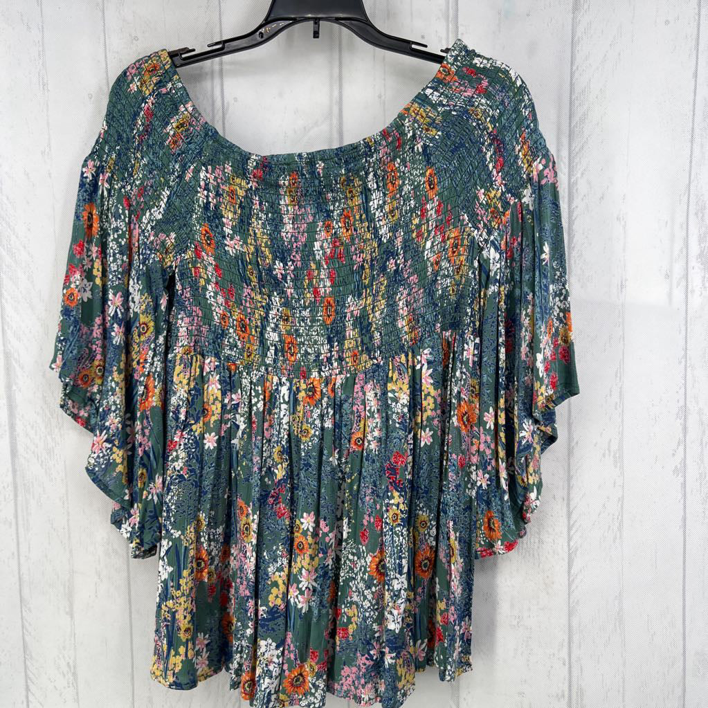 L smocked flo print flutter slv top