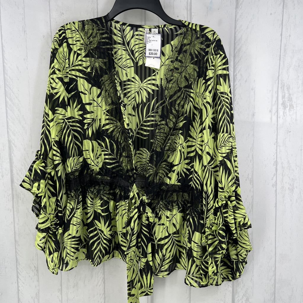 XL leaf print tie front rufled slv cardi