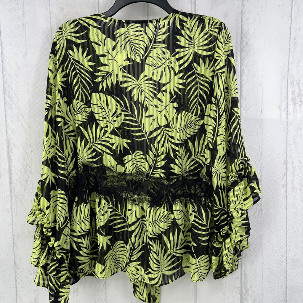 XL leaf print tie front rufled slv cardi