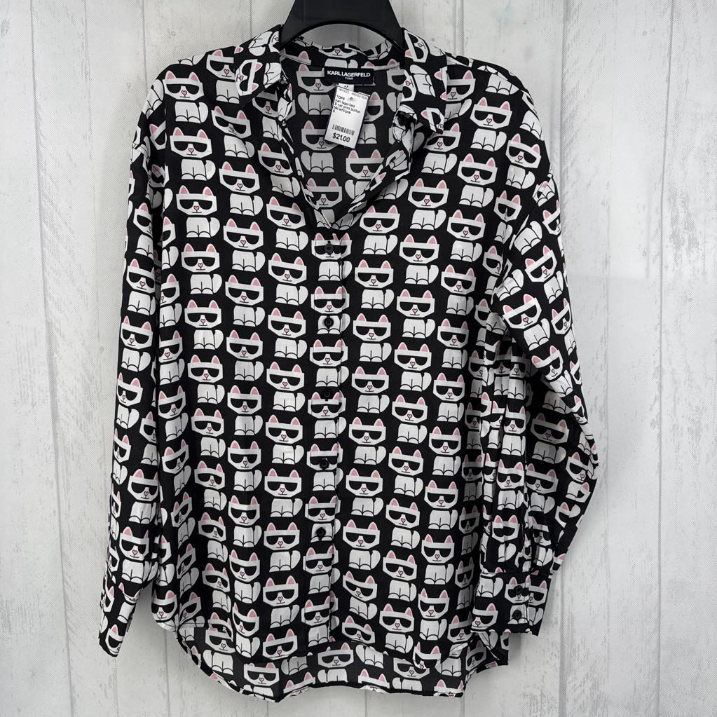 S cat print button down l/s top