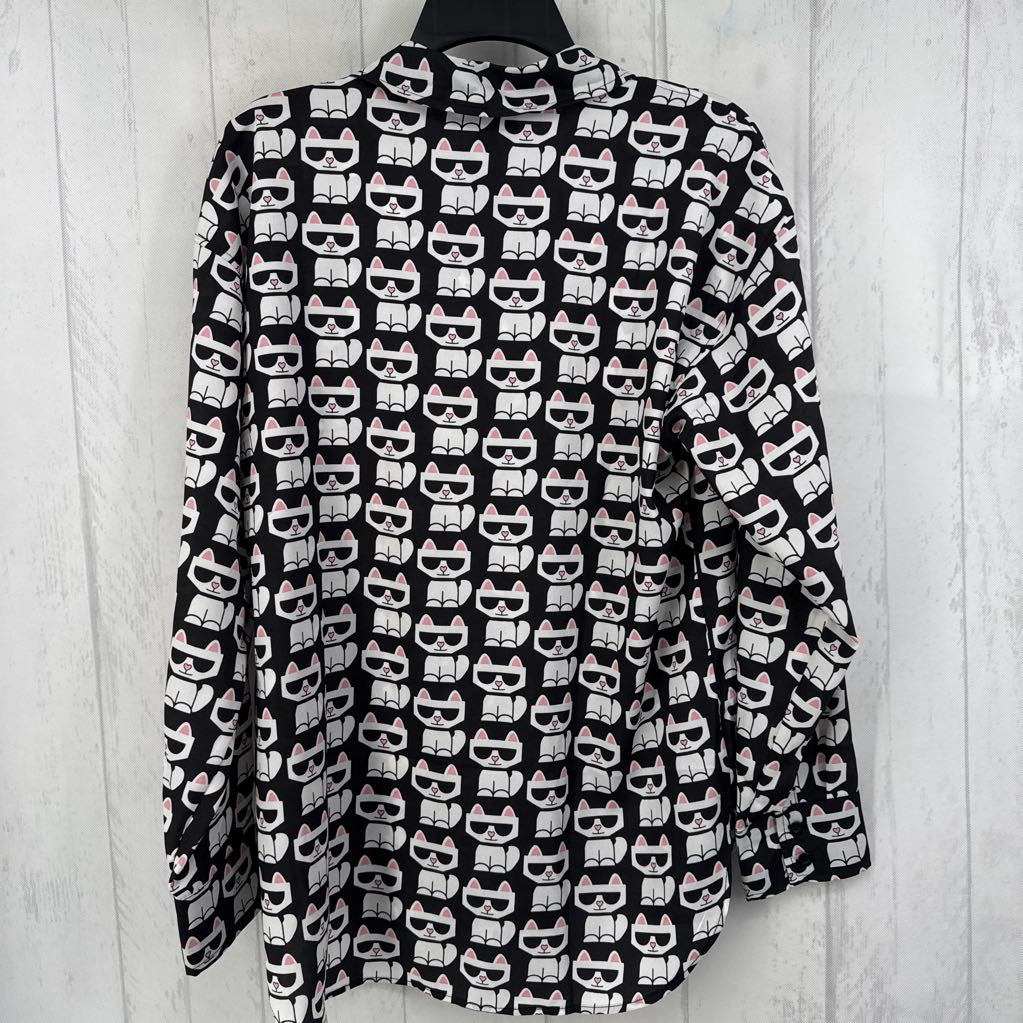 S cat print button down l/s top