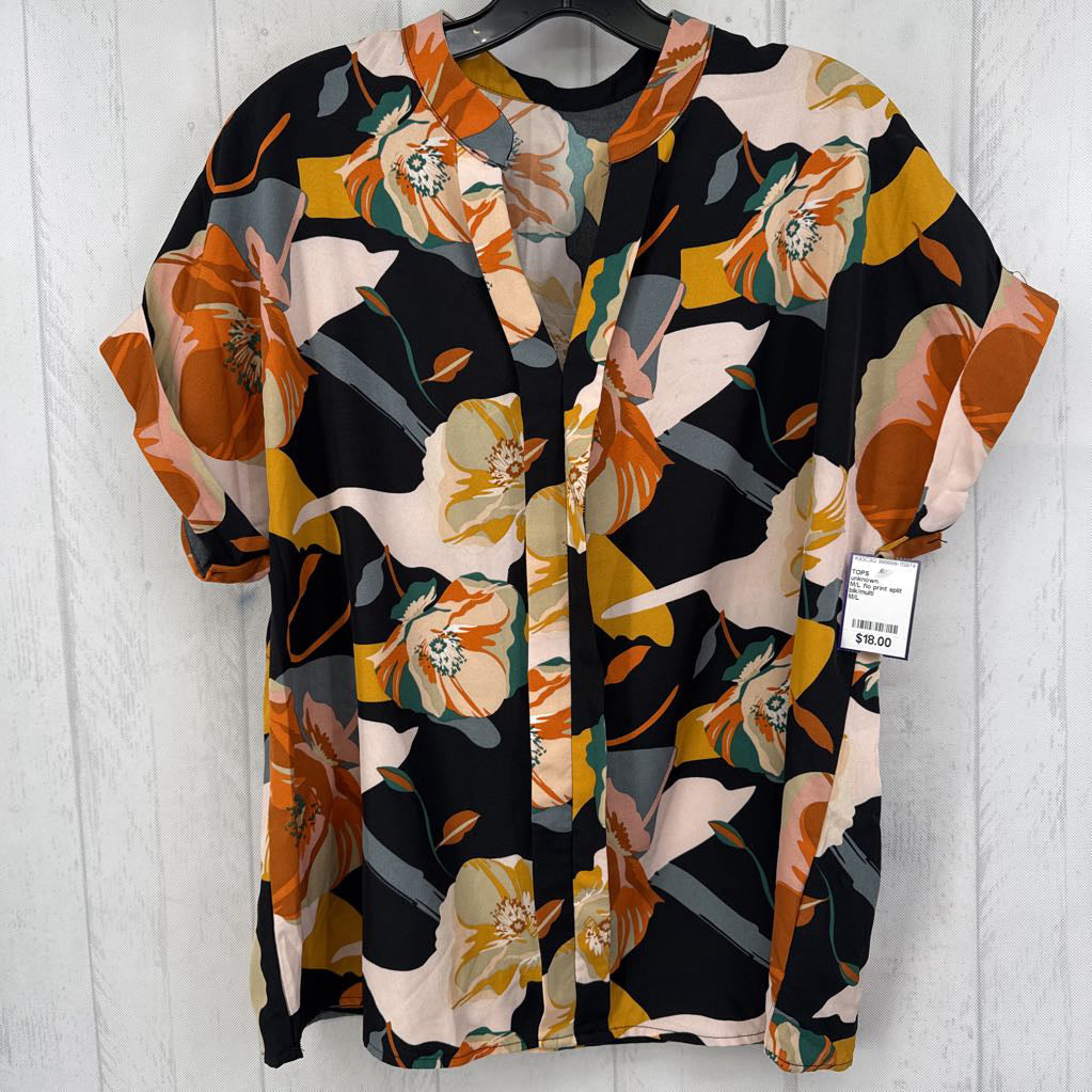 M/L flo print split neck s/s top
