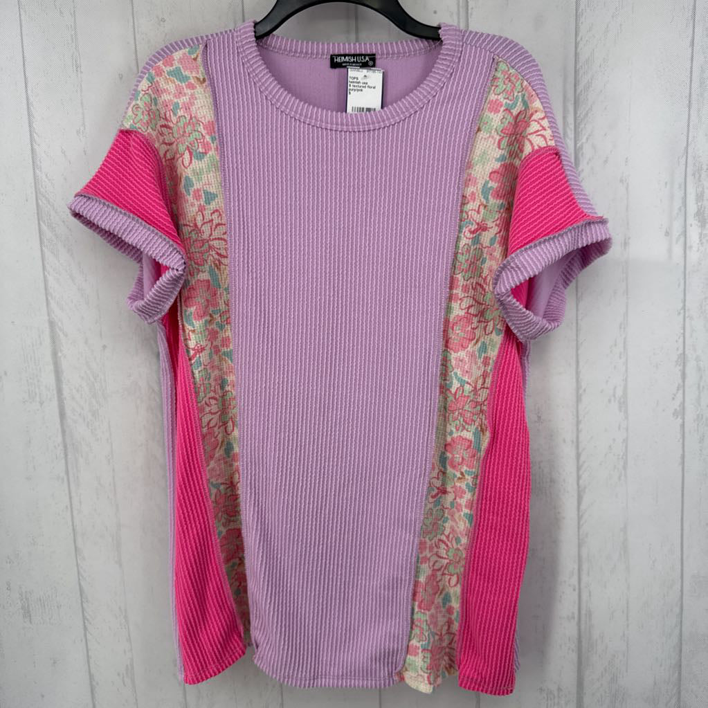 S textured floral colorblock s/s top