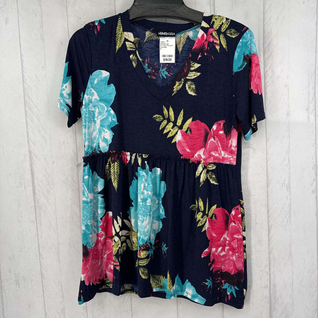 S v-neck flo print s/s babydoll top